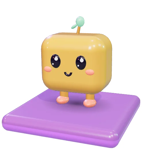 Pip, a glossy golden toy with big eyes, standing on a glowing pad