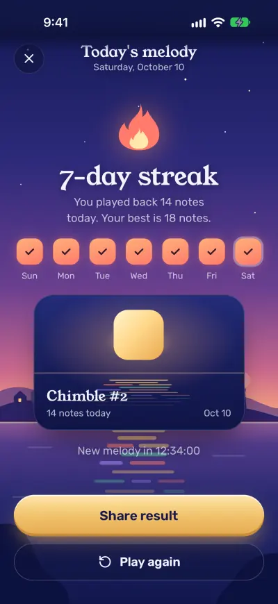 Today’s melody result: a seven-day streak, a week of ticked days and a shareable score card