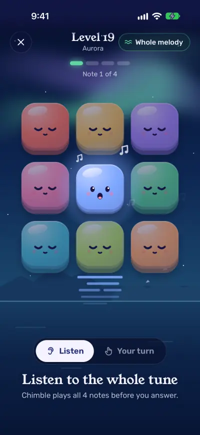 Level 19 in Aurora, a whole-melody level: eight toys doze while the blue toy in the middle wakes and sings