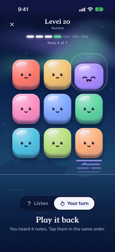 Your turn on level 20: all nine toys are awake, and the lilac one in the top corner squashes and grins under a tap