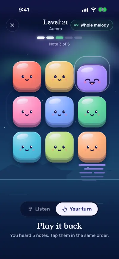 Level 21 in Aurora with the Whole melody badge: the player replays all five notes